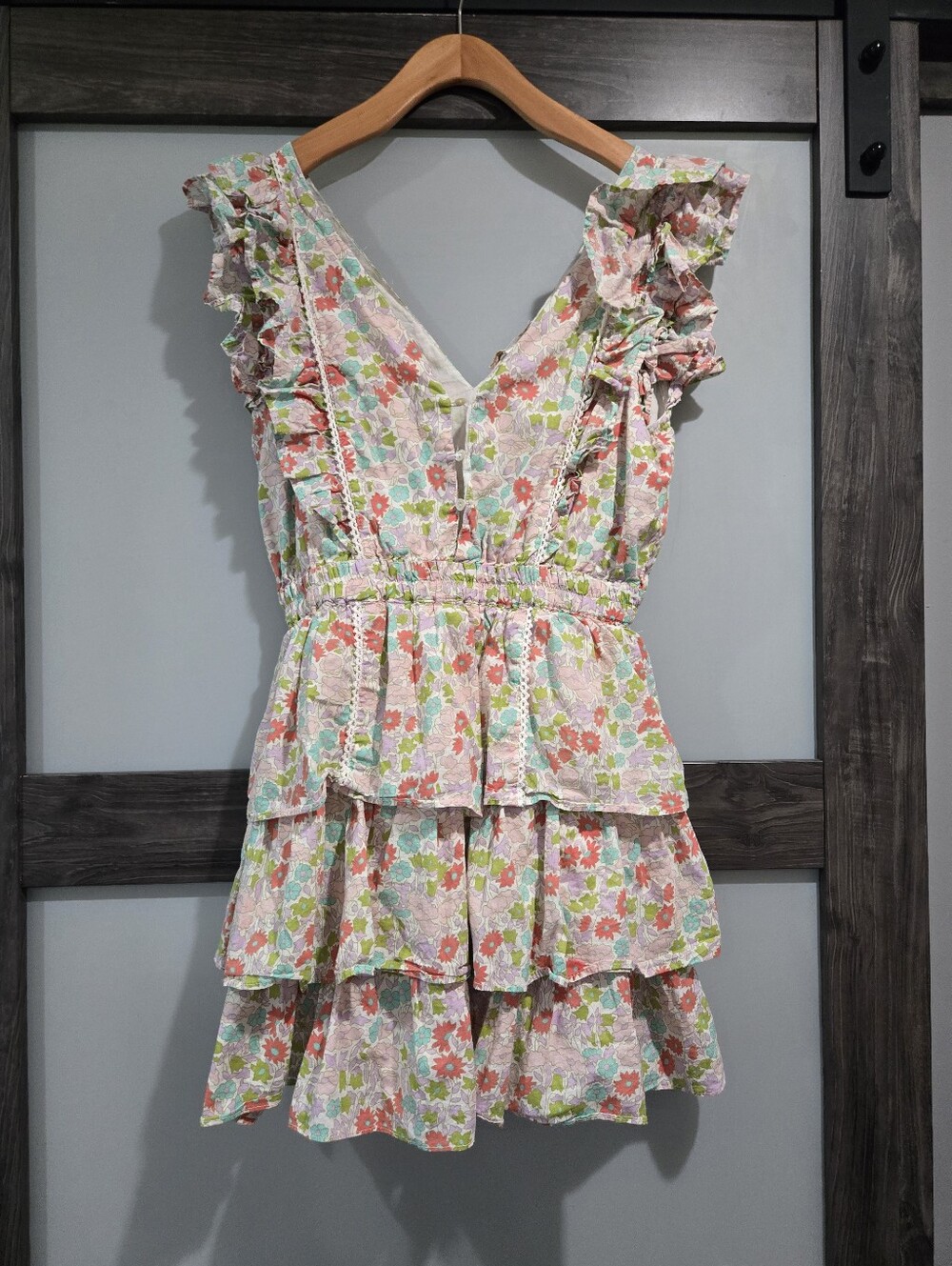 LOVE THE LABEL Ines Floral Ruffle Mini Dress Romantic 100% Cotton Small